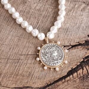 Boho Coin Pearl Statement Necklace Mixed Metal Gold Silver Tone